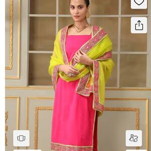 Hot Pink Salwar Kameez with Lime Green Embroidered Dupatta